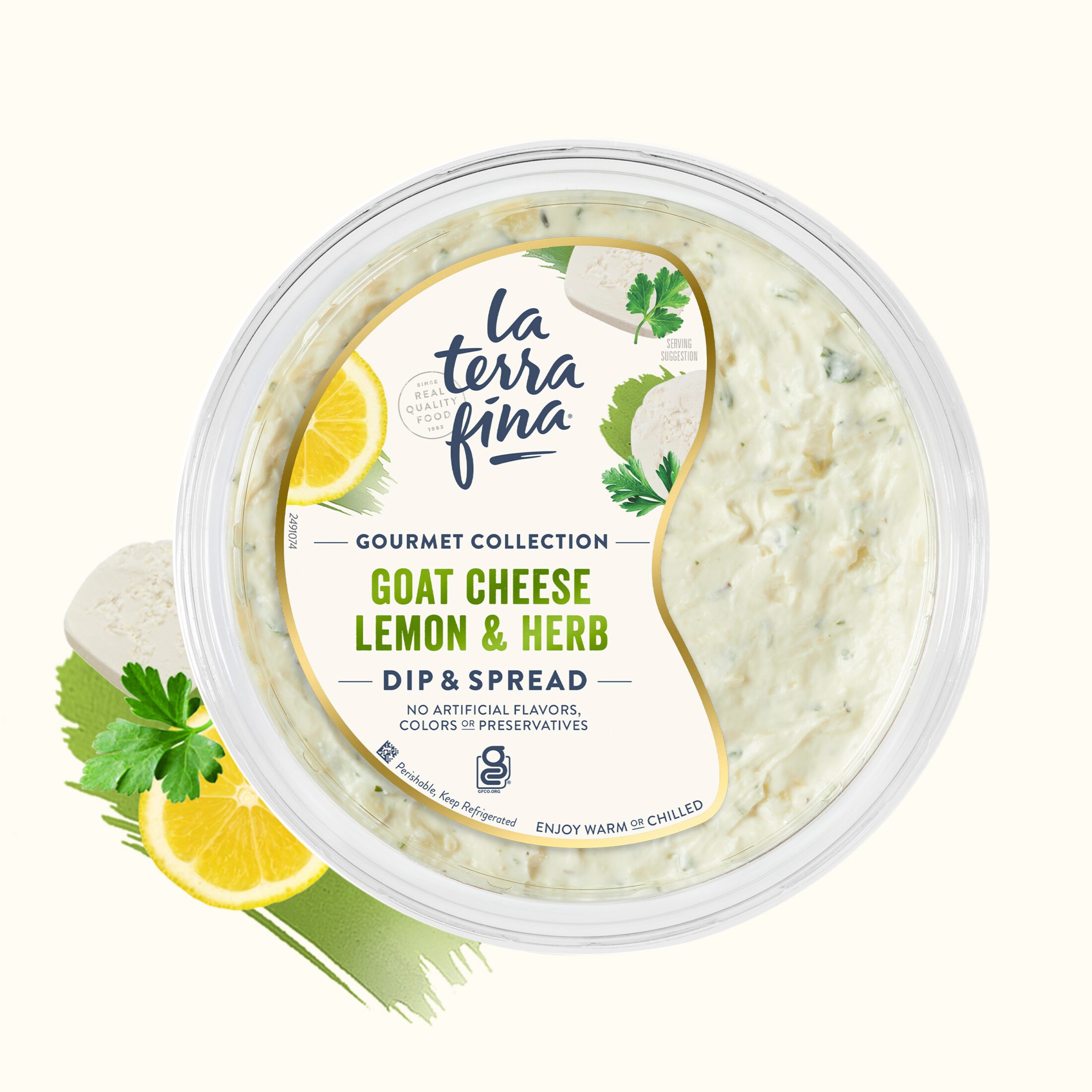 La Terra Fina Gourmet Goat Cheese Lemon & Herb Dip lid with ingredient photography and a green watercolor swash off to the left corner.