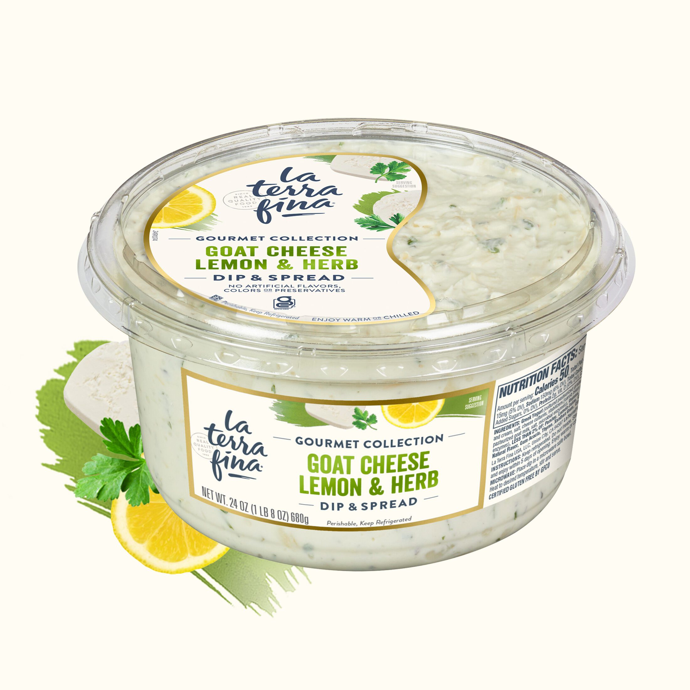 La Terra Fina Gourmet Goat Cheese Lemon & Herb Dip tub with ingredient photography and a green watercolor swash off to the left corner.