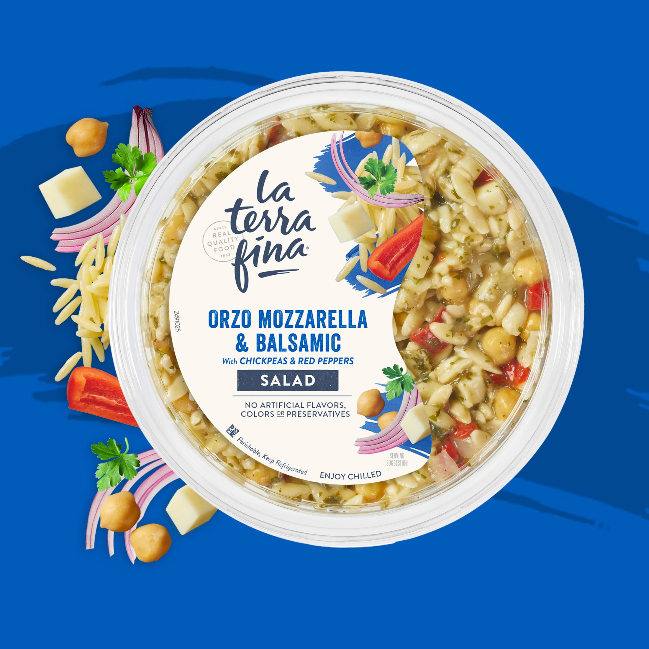 La Terra Fina Orzo Mozzarella & Balsamic Salad top lid with scattered ingredients off to the side, over a deep blue colored background with a vector paint stroke.