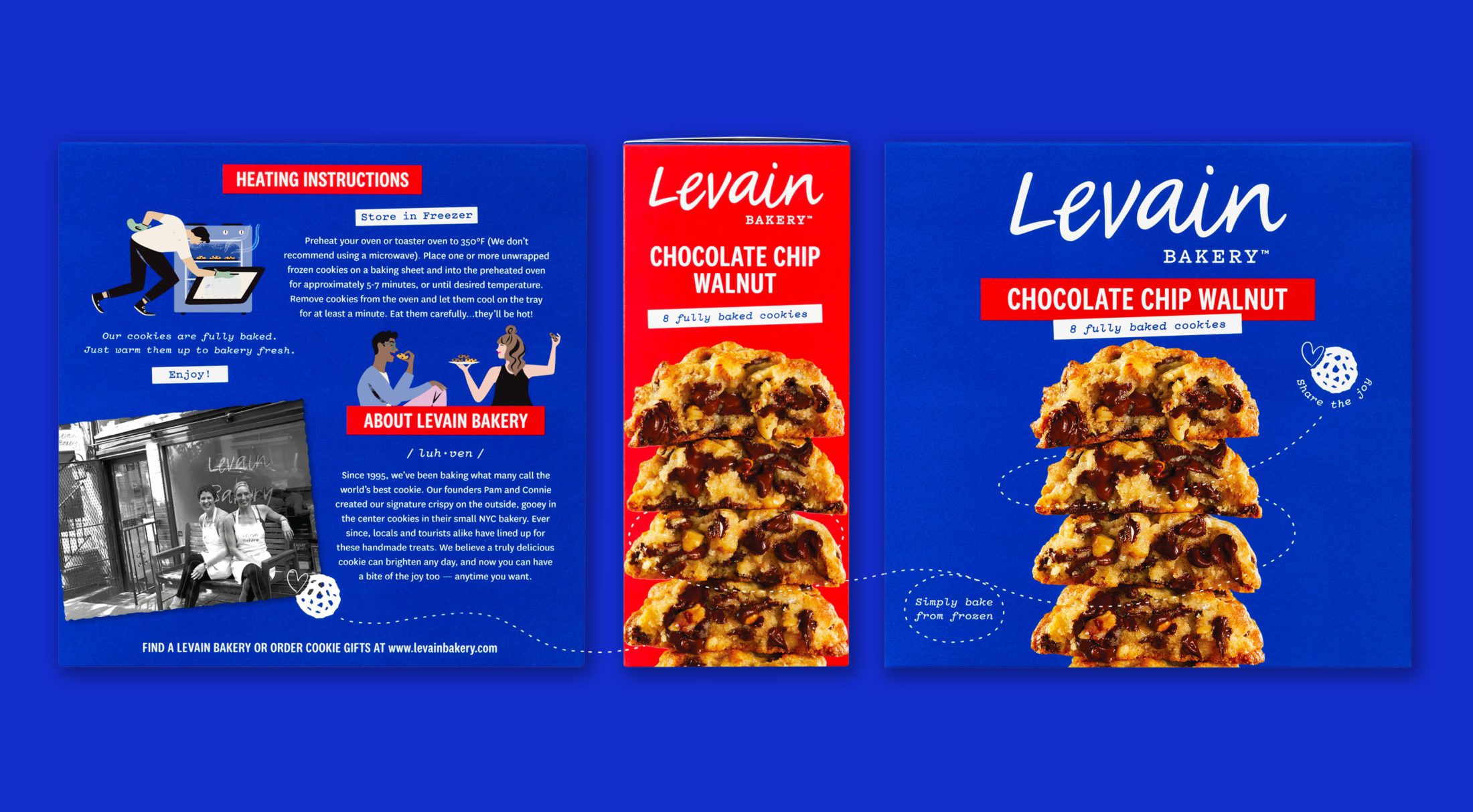 An overview of the Levain Bakery Chocolate Chip Walnut Frozen Cookie box. Featured from left to right - the back panel, left side red panel, and front panel.