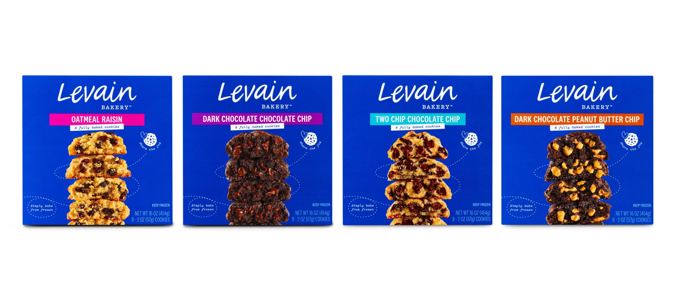 Four front facing boxes of Levain Bakery Frozen Cookies. Flavors in order from left to right, Oatmeal Raisin, Dark Chocolate Chocolate Chip, Two Chip Chocolate Chip, Dark Chocolate Peanut Butter Chip.