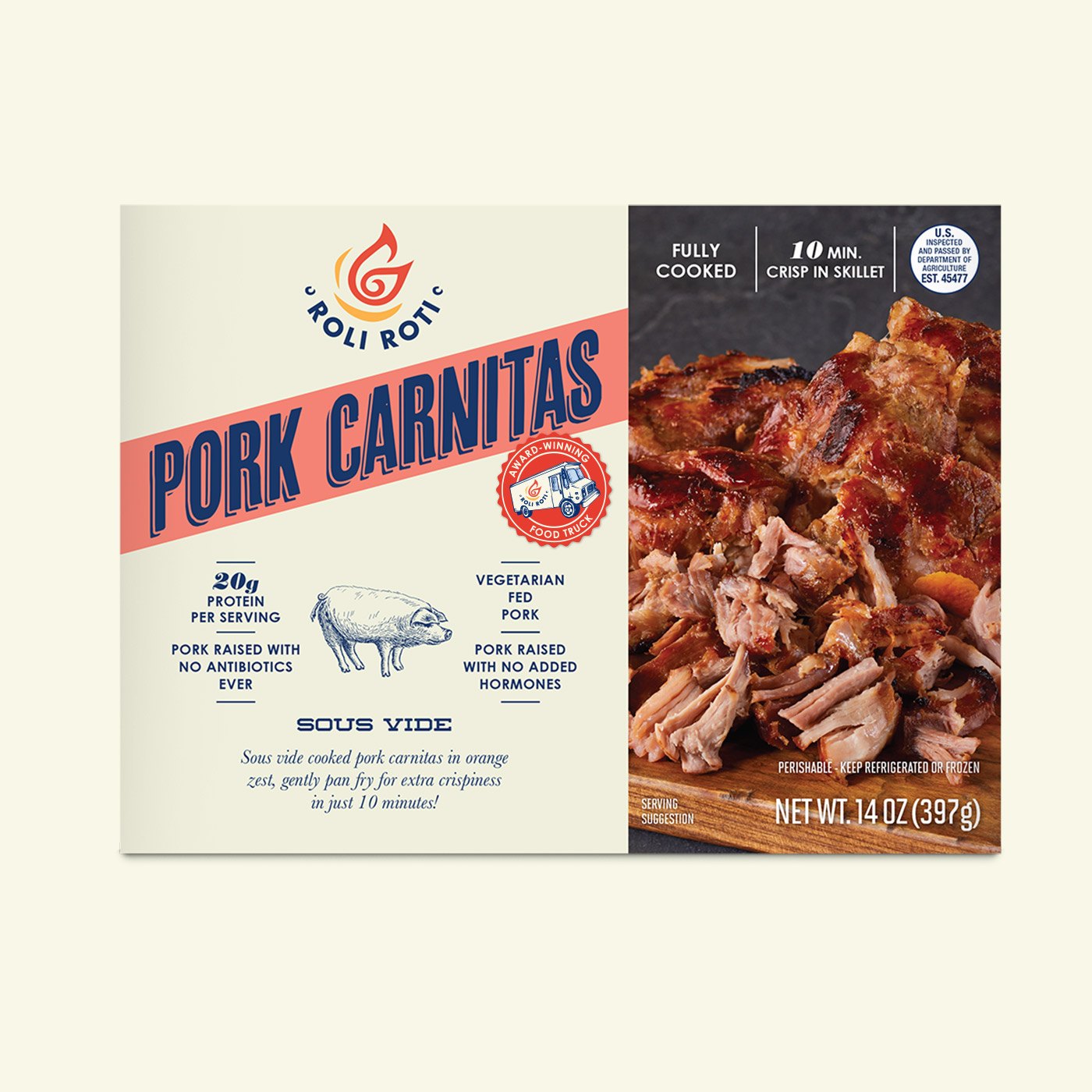 Roli Roti Pork Carnitas retail packaging featuring a rectangular cream box, pink flavor band, and pork carnitas photography.