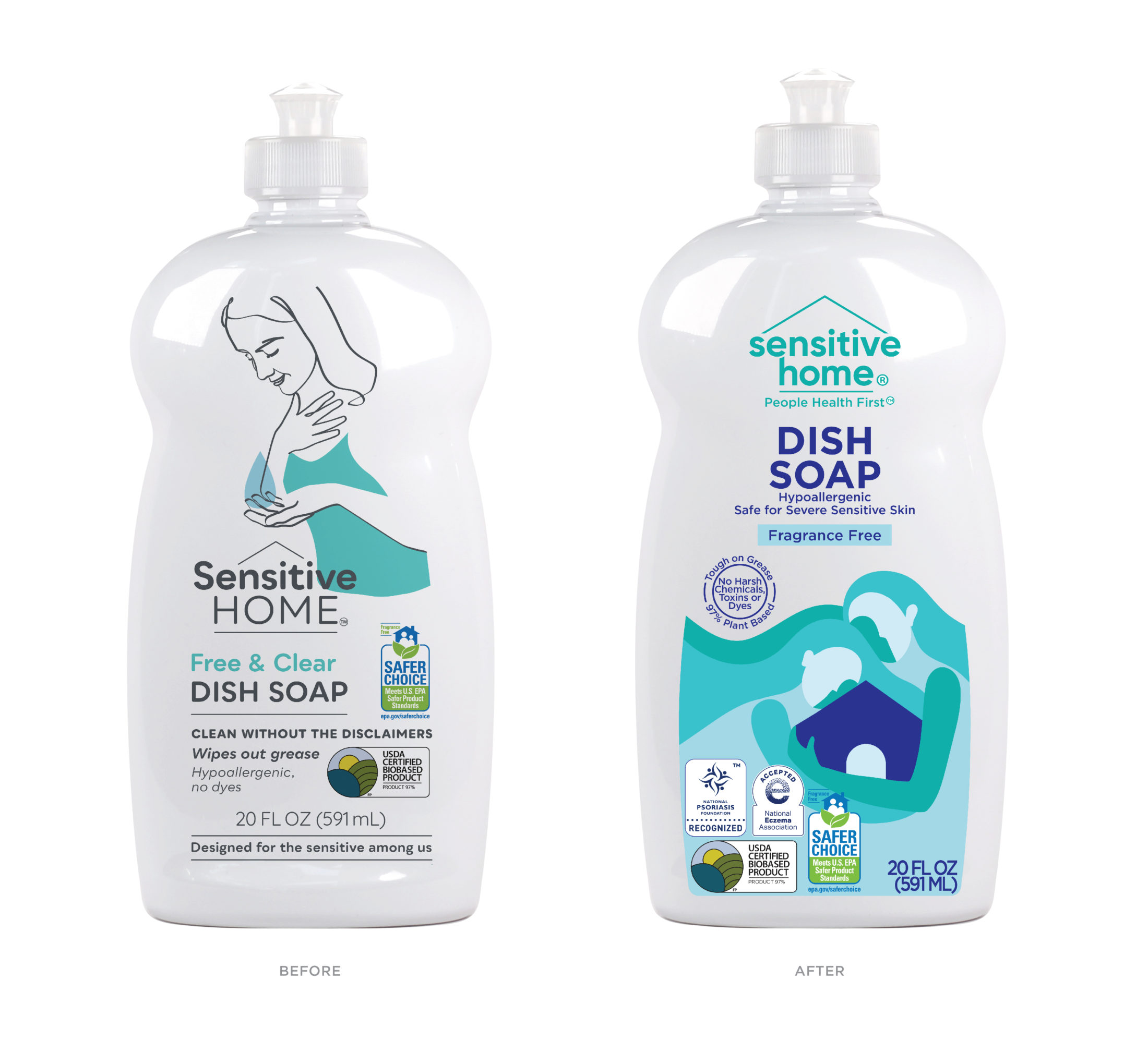 Side by side before & after images of Sensitive Home Dish Soap - Fragrance Free