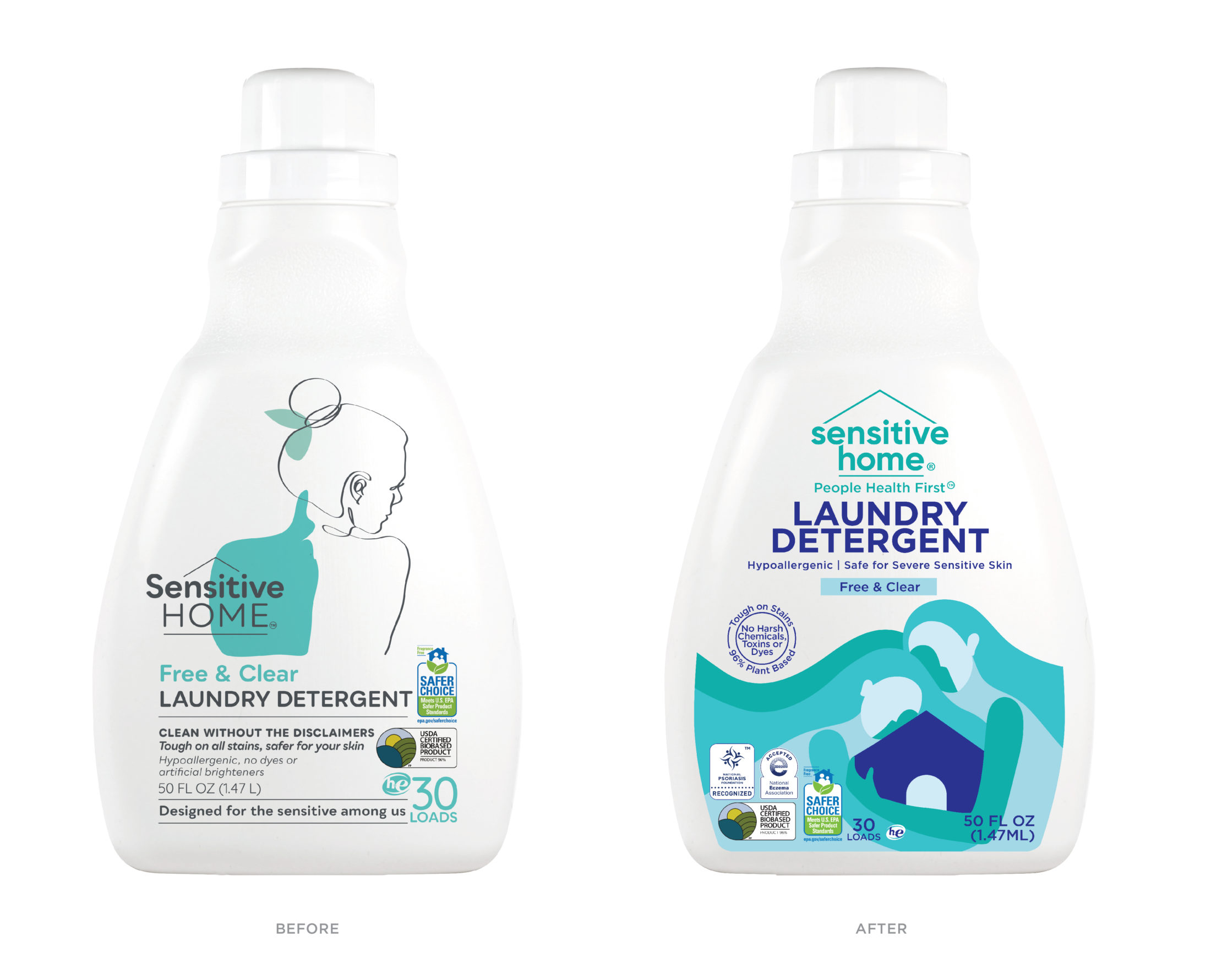 Side by side before & after images of Sensitive Home Laundry Detergent - Free & Clear.
