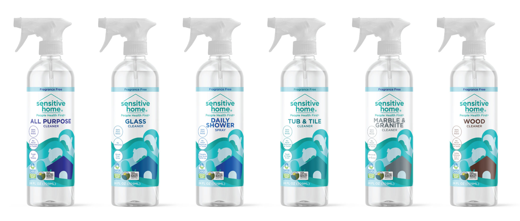 Lineup of Sensitive Home spray bottle cleaners photographed on white.