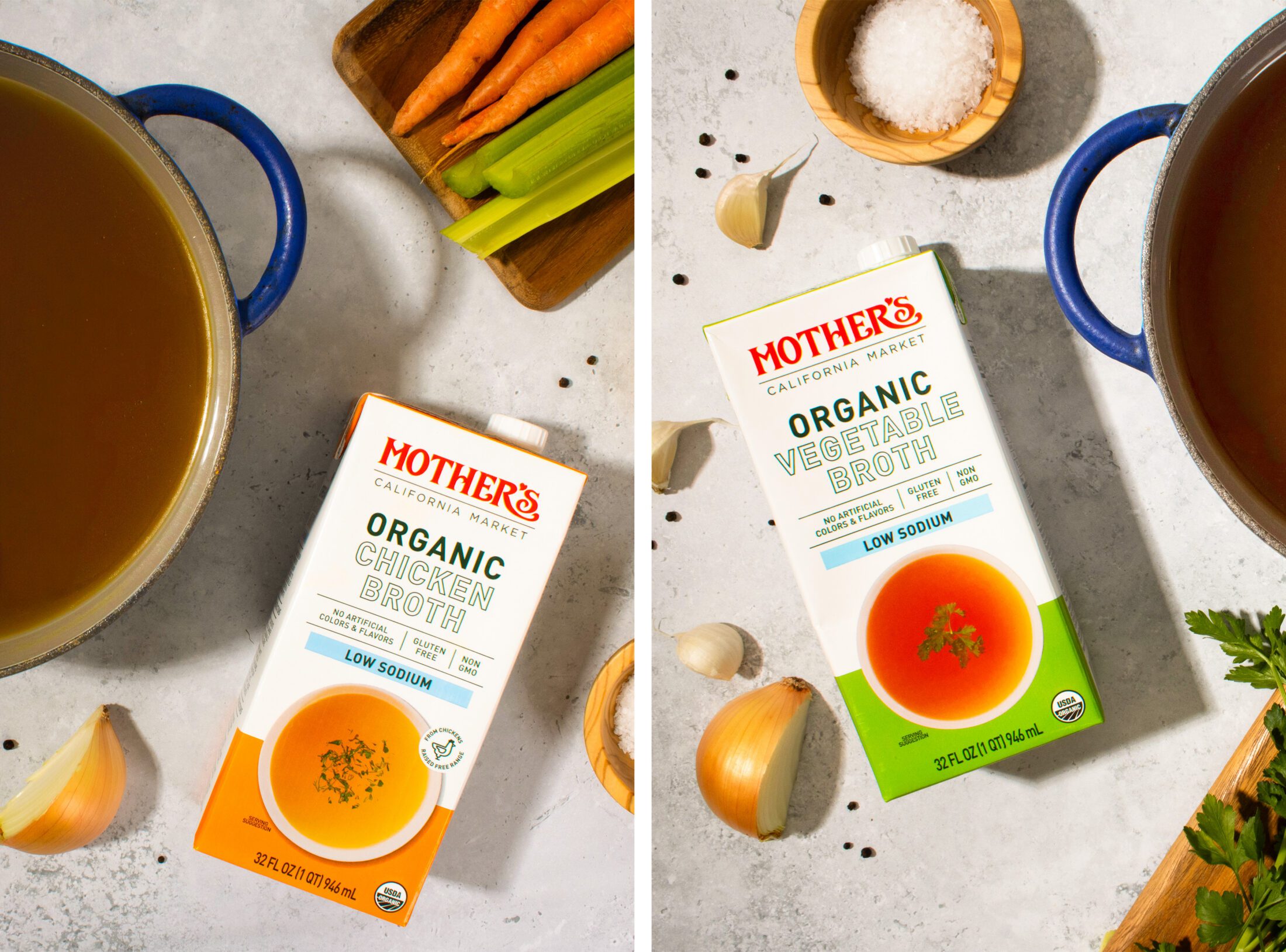 Left Image: Mother's Market Organic Chicken Broth Low Sodium tetrapak carton laid on a white gray stone surface with a blue dutch oven pot of chicken broth and surrounding ingredients of carrots, celery, onion, and black peppercorns. Right Image: Mother's Market Organic Vegetable Broth Low Sodium tetrapak carton laid on a white gray stone surface with a blue dutch oven pot of vegetable broth and surrounding ingredients of garlic cloves, onion, parsly, and black peppercorns.