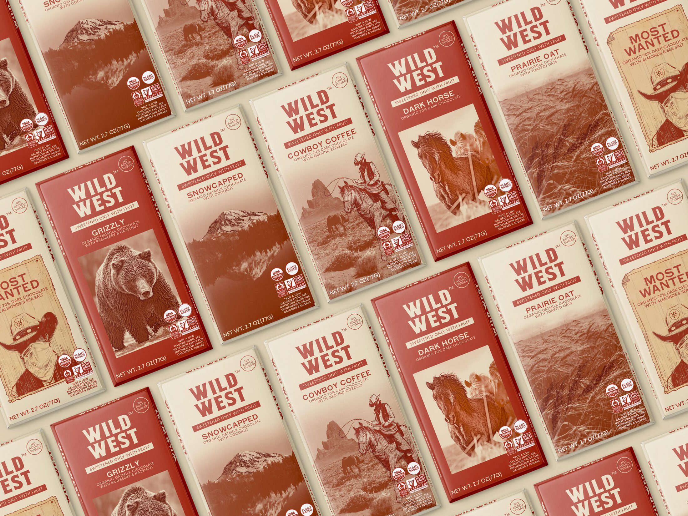 Angled collage of assorted Wild West Organic Chocolate Bars.