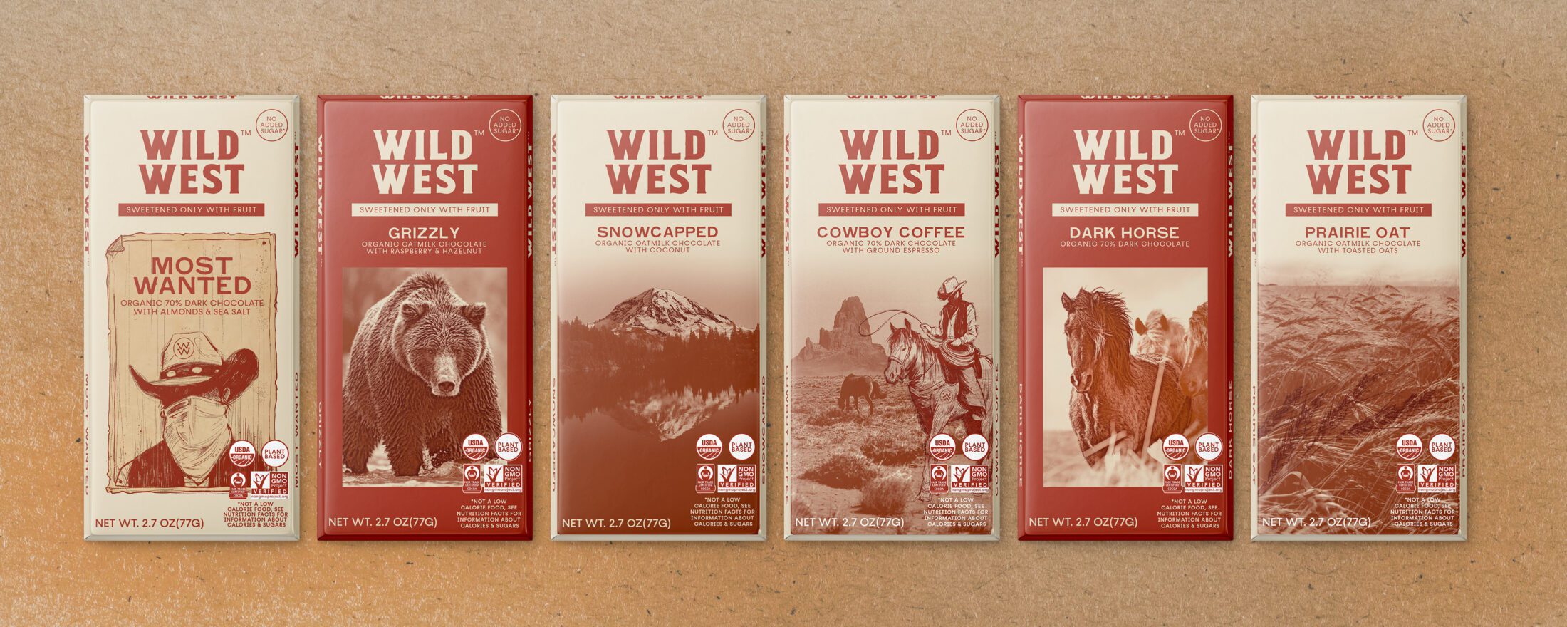 Six bars of Wild West Organic Chocolate on a brown kraft background.
