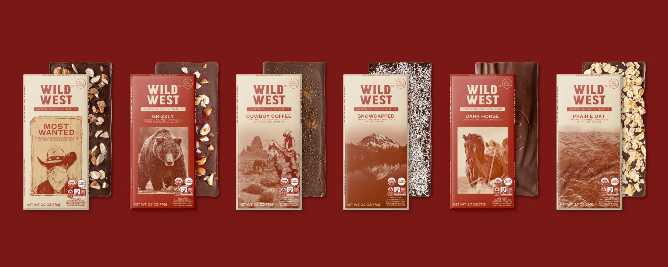 Six bars of Wild West Organic Chocolate overlapping their respective isolated chocolate bars on a dark red background.