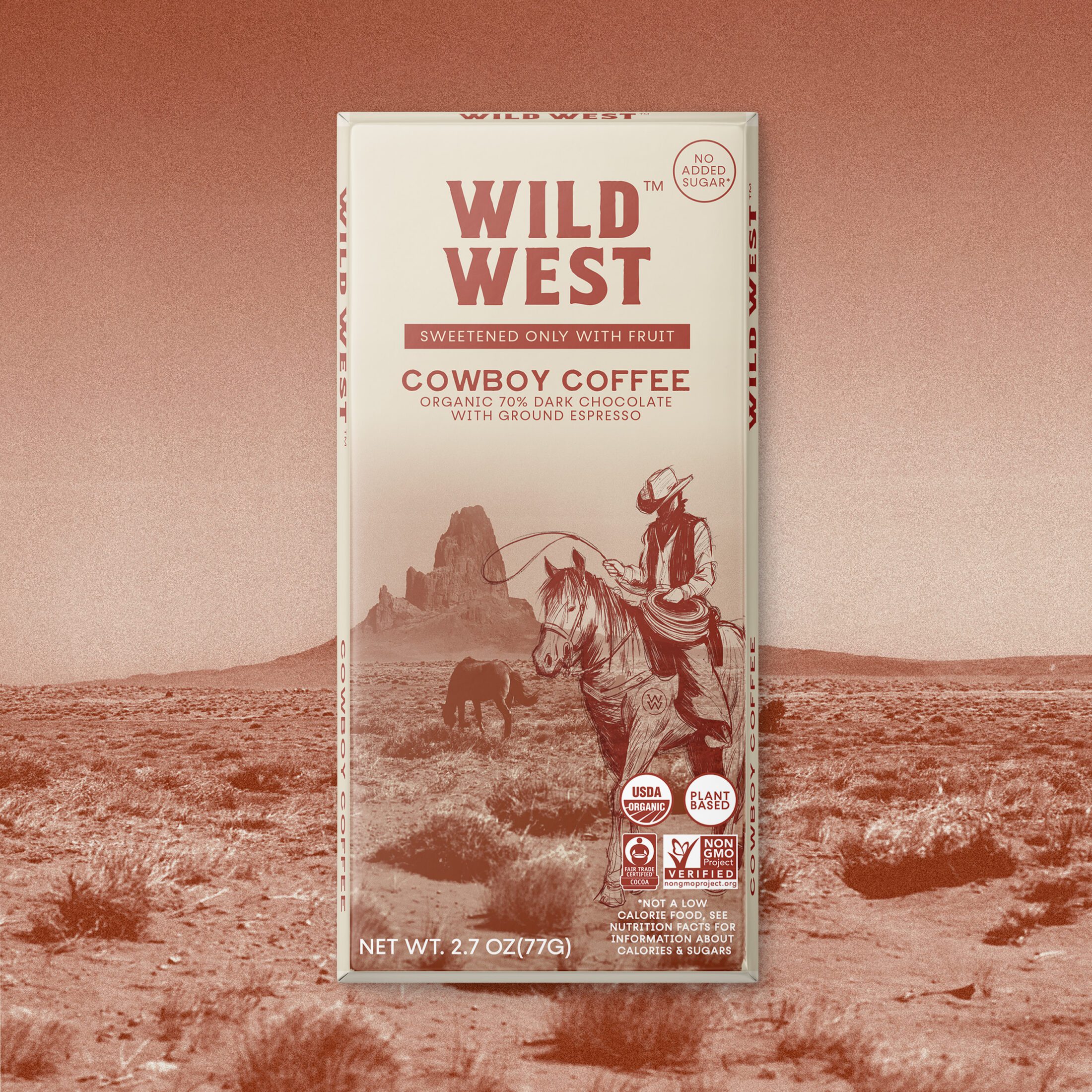 Wild West Cowboy Coffee organic chocolate bar superimposed over a red halftone style photograph of a desert landscape.