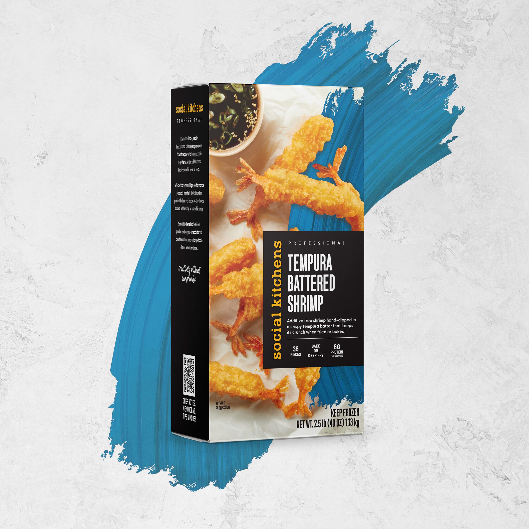 Social Kitchens Professional Tempura Battered Shrimp packaging box at an angled view with a blue swash and marble textured background.
