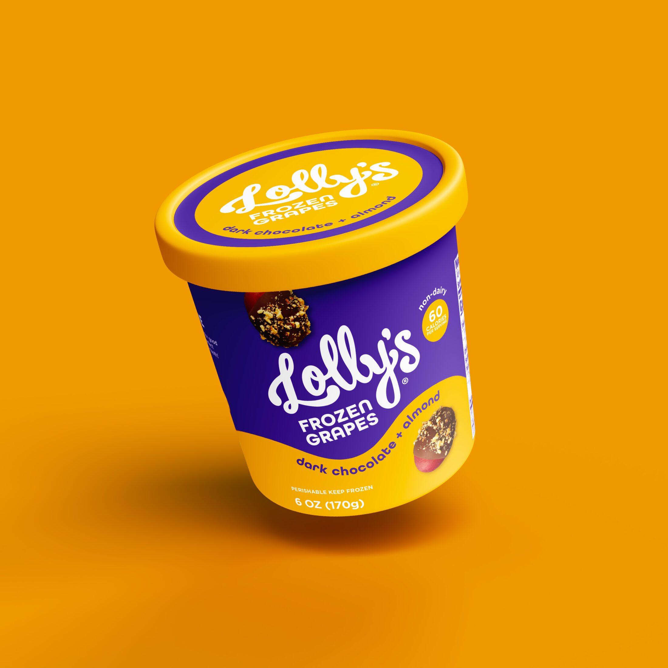 Floating tub of Lolly's Frozen Grapes - Dark Chocolate + Almond flavor on a yellow background.