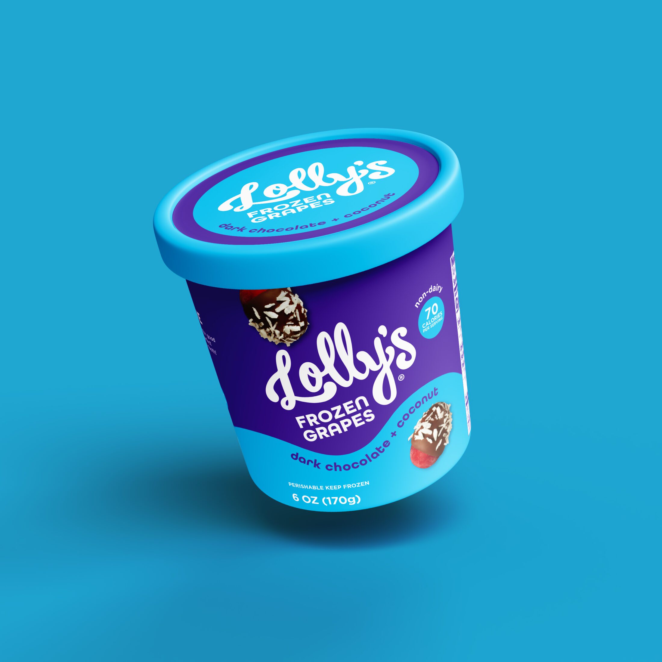 Floating tub of Lolly's Frozen Grapes - Dark Chocolate + Coconut flavor on a blue background.