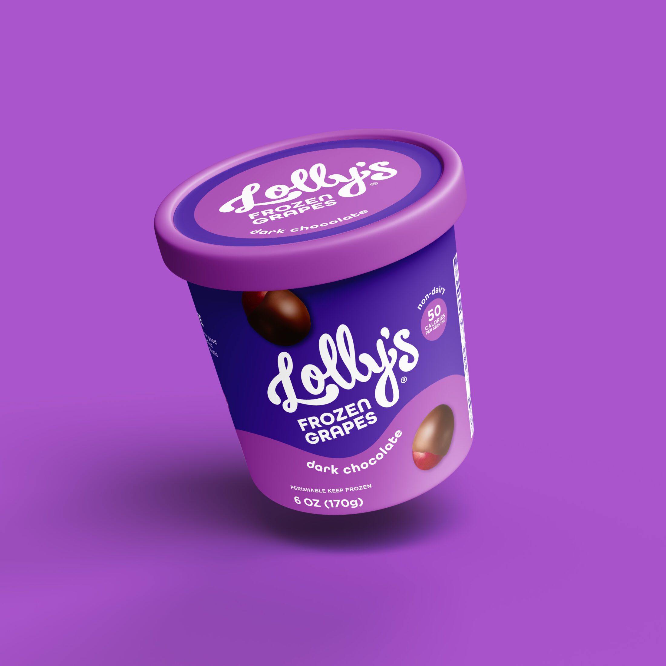 Floating tub of Lolly's Frozen Grapes - Dark Chocolate flavor on a purple background.