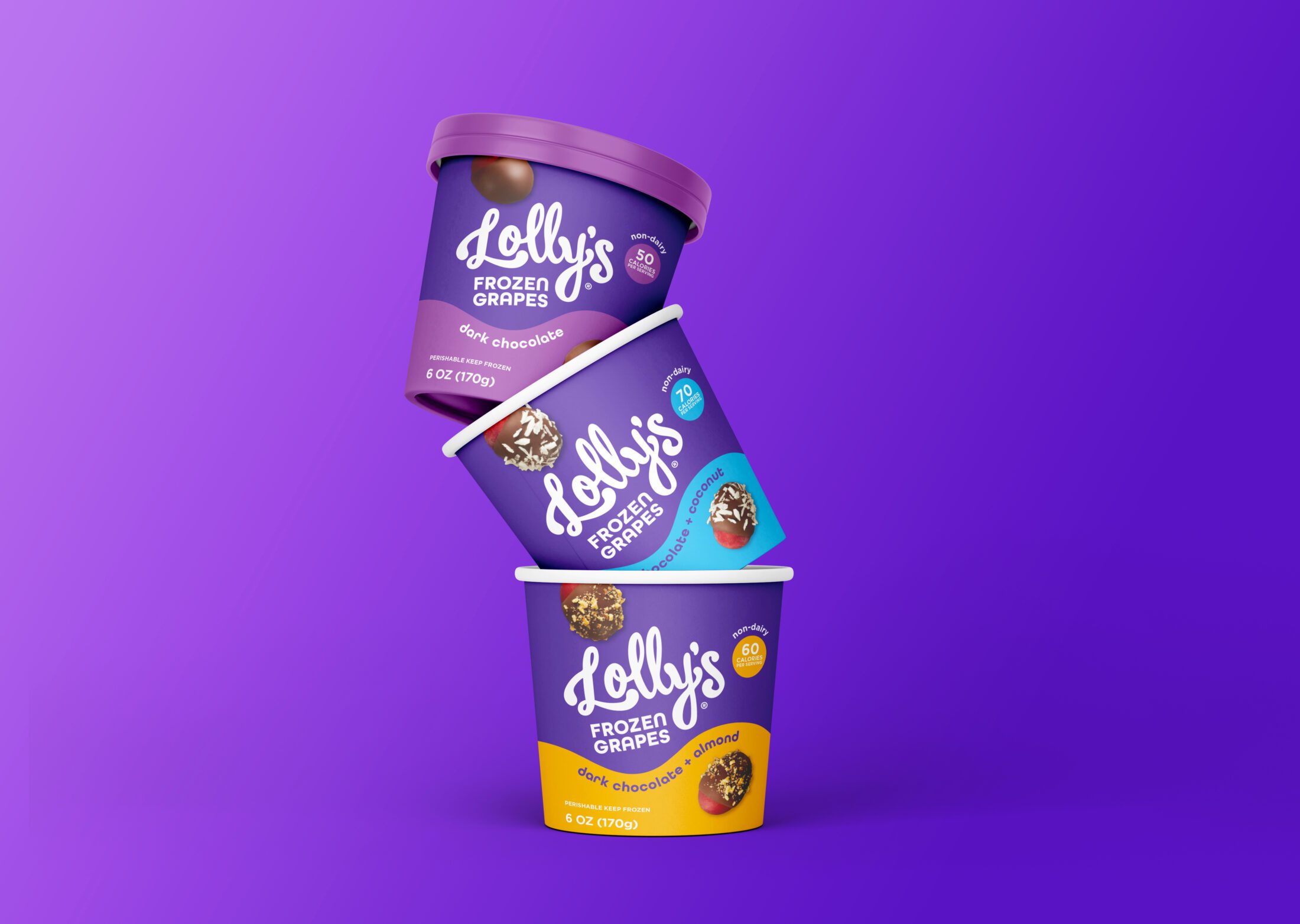 Three off-center stacked tubs of Lolly's Frozen Grape flavors, listed from top to bottom: Dark Chocolate, Dark Chocolate + Coconut, and Dark Chocolate + Almond on a gradient purple backgound.