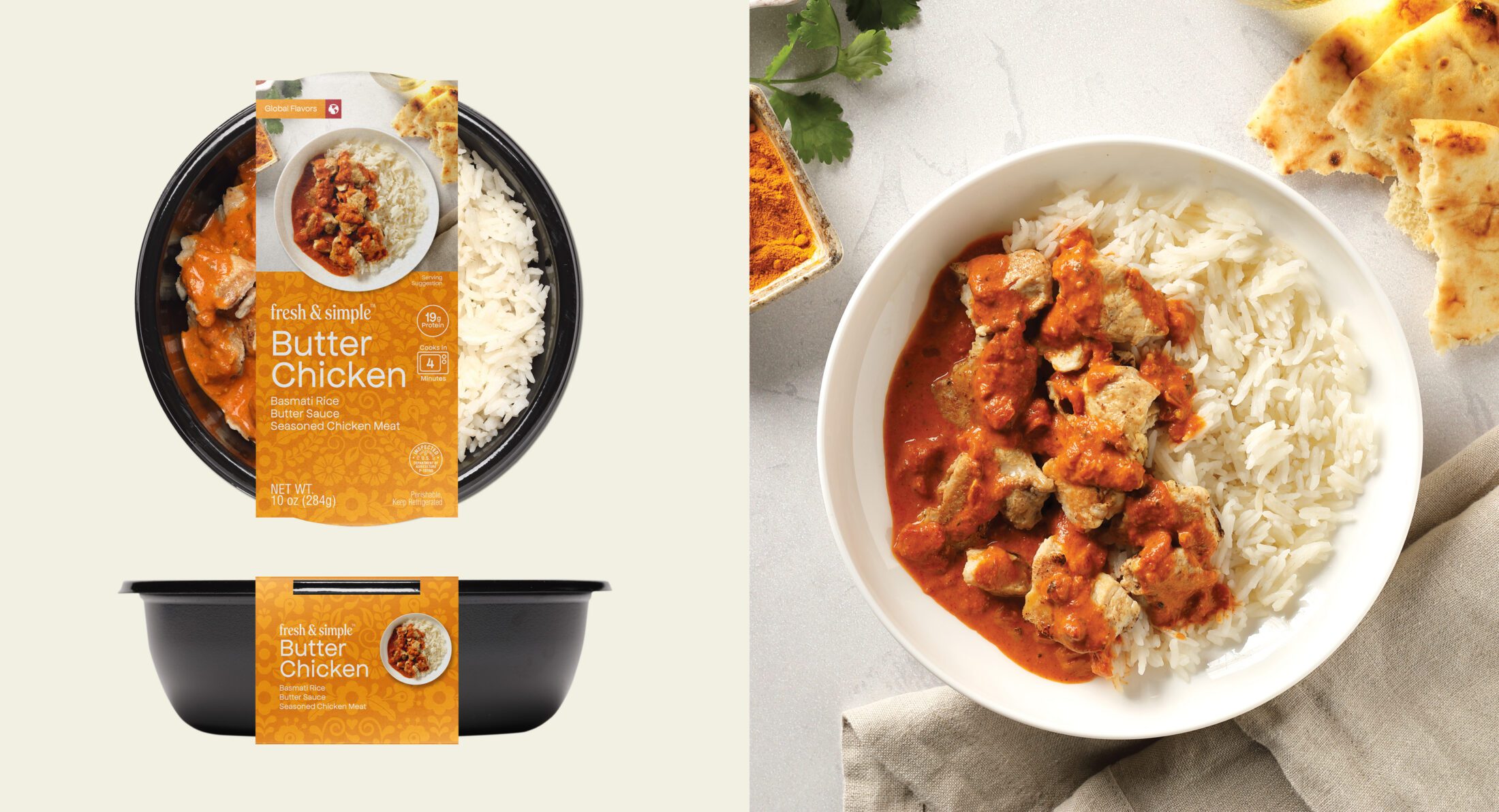 Fresh & Simple Butter Chicken in and out of packaging. The left side shows the butter chicken in orange packaging both in a overhead and side view. The right side shows the butter chicken in a bowl with butter sauce and naan around the bowl.