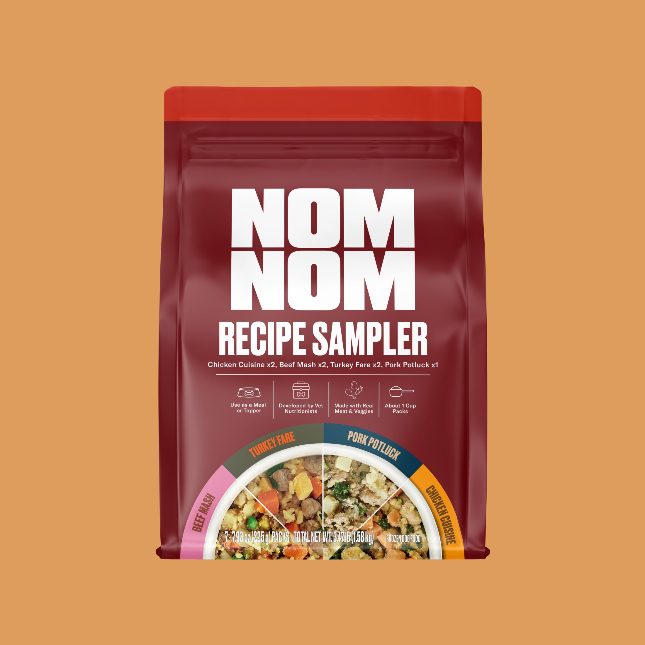 Bag packaging of Nom Nom fresh dog food Recipe Sampler on a light brown background.