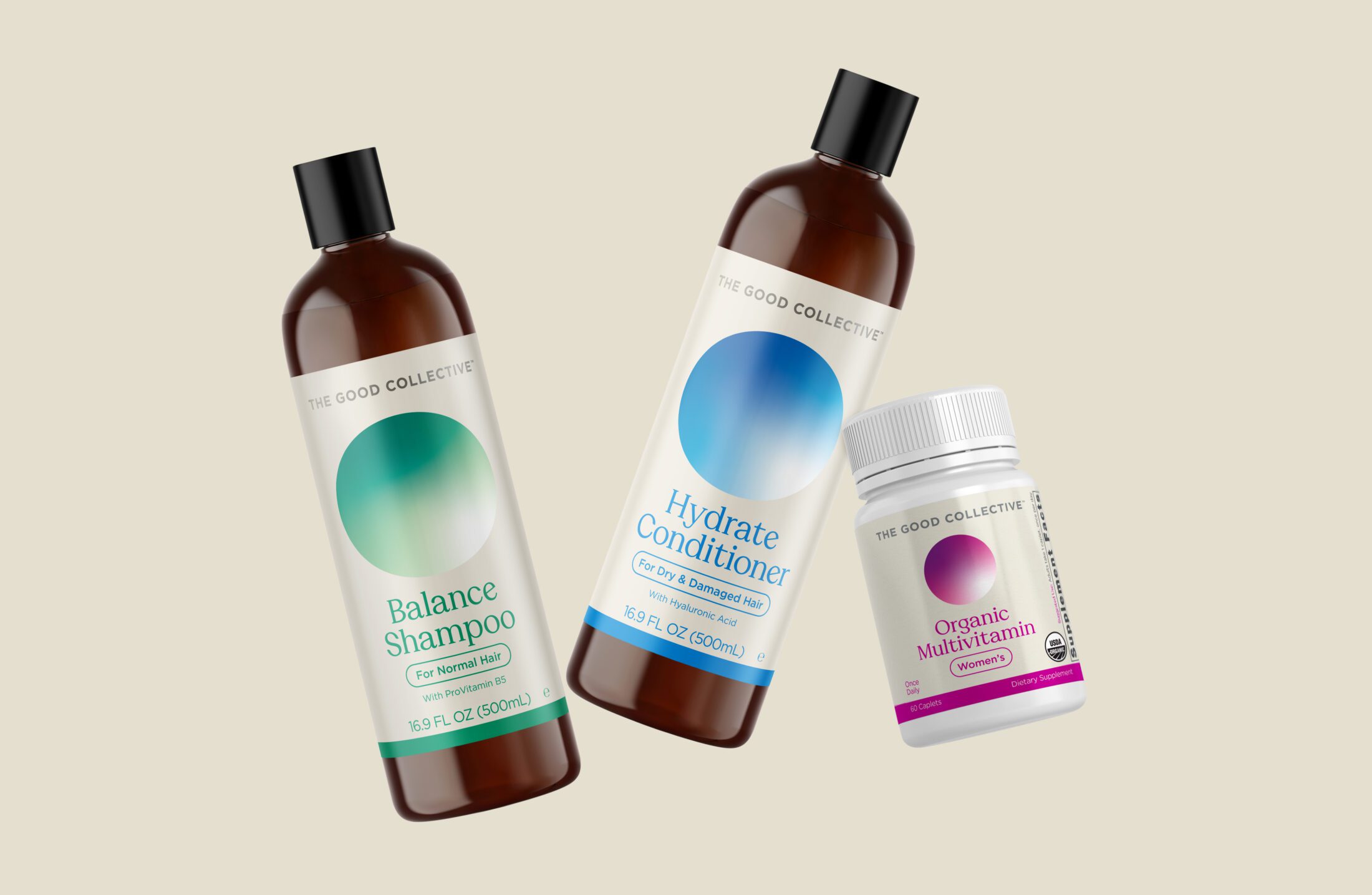 INFRA The Good Collective Balance Shampoo bottle, Hydrate Conditioner bottle, and Organic Women's Multivitamin bottle, all arranged as floating bottles against a neutral cream background.