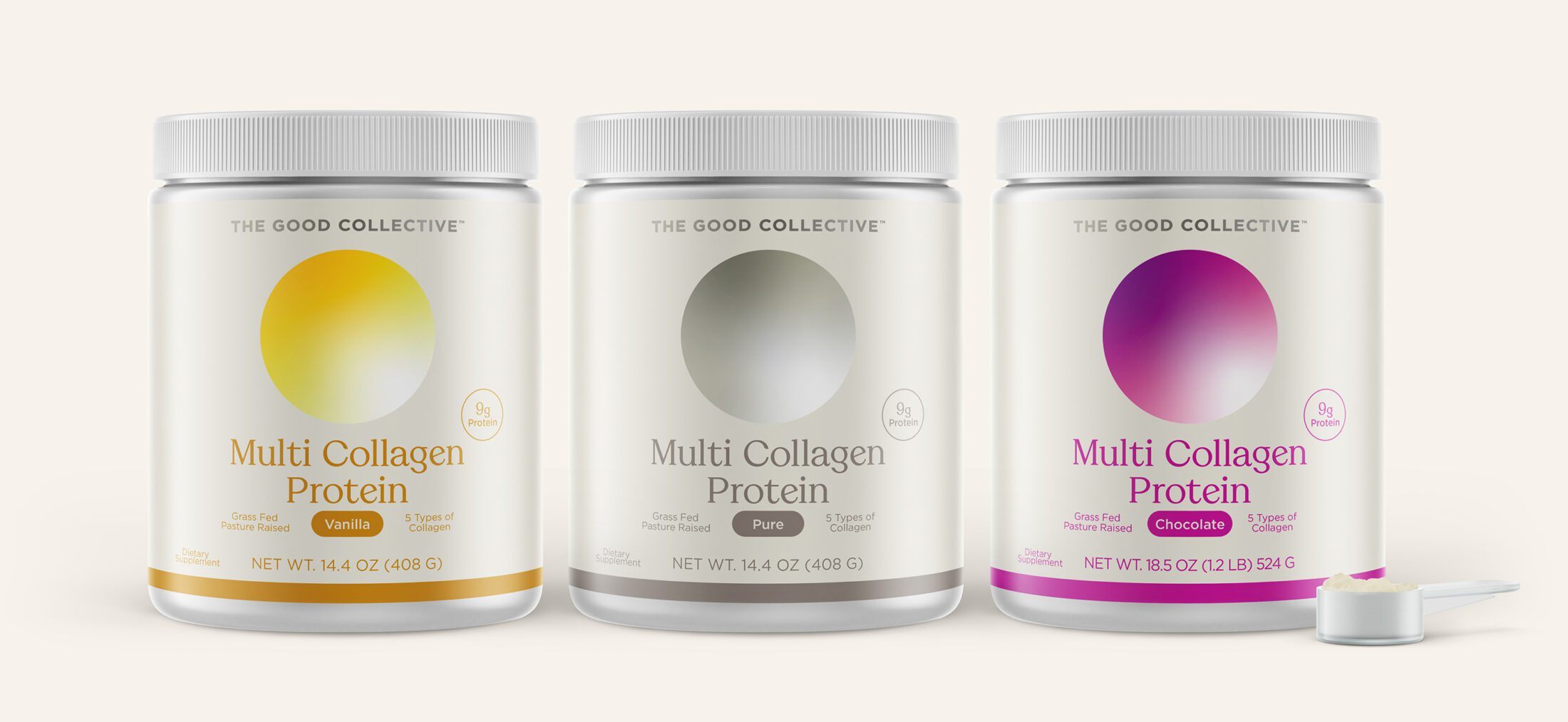 The Good Collective Multi Collagen Protein Powders range with flavors from left to right: Vanilla, Pure, Chocolate.