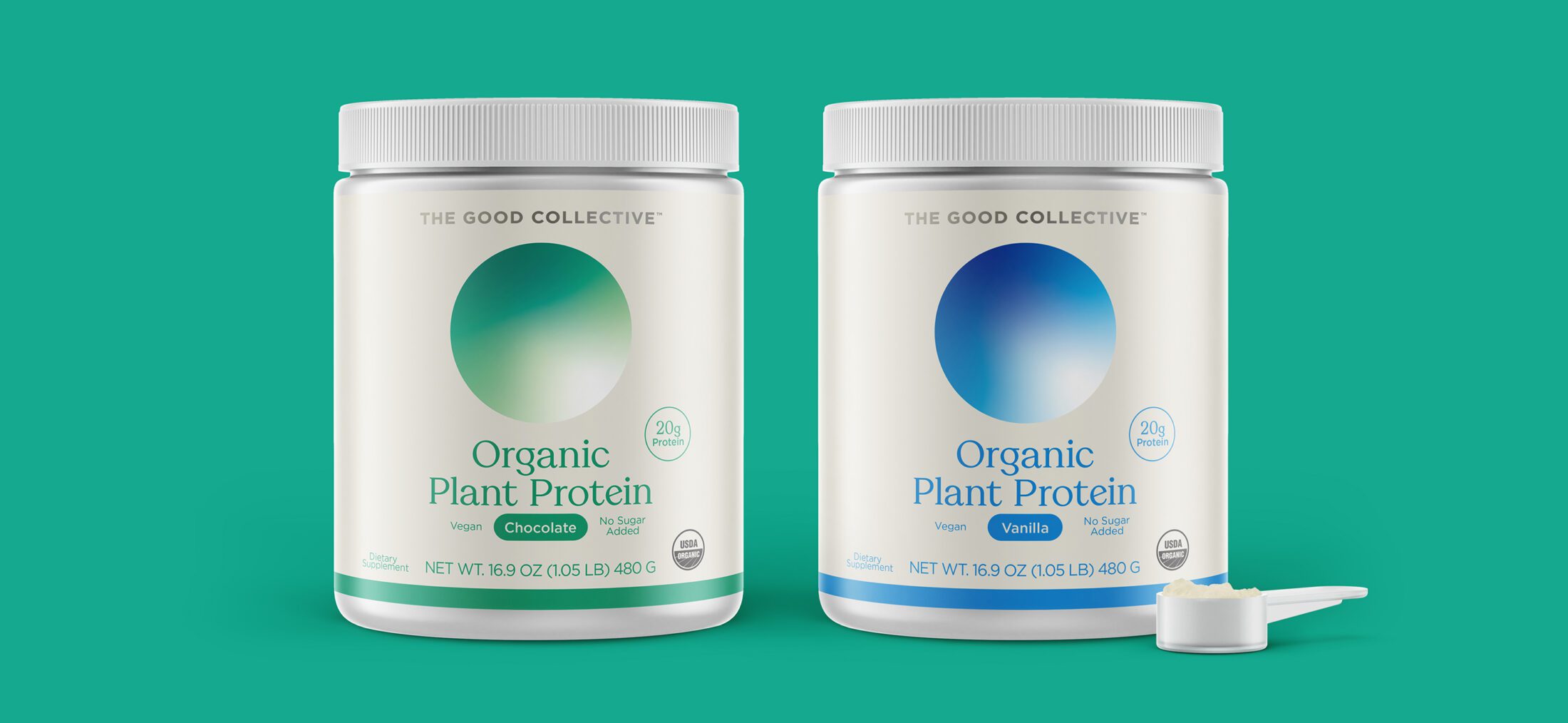 The Good Collective Organic Plant Protein Powders range with flavors Chocolate and Vanilla, with a sea-green background color.