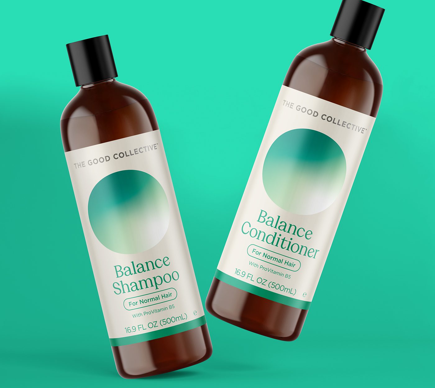 Two amber colored bottles of The Good Collective Balance Shampoo and Conditioner angled and floating against a sea-green gradient background.