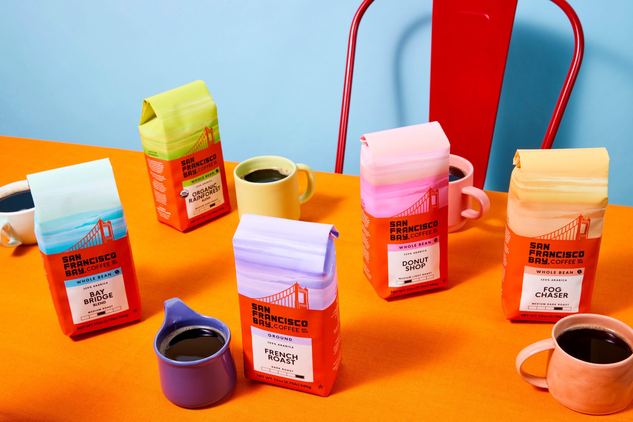 5 12oz bags of San Francisco Bay Coffee on a orange tabletop with corresponding cups of coffee - all color coded. The bags include Bay Bridge Blend, Organic Rainforest Blend, French Roast, Donut Shop and Fog Chaser