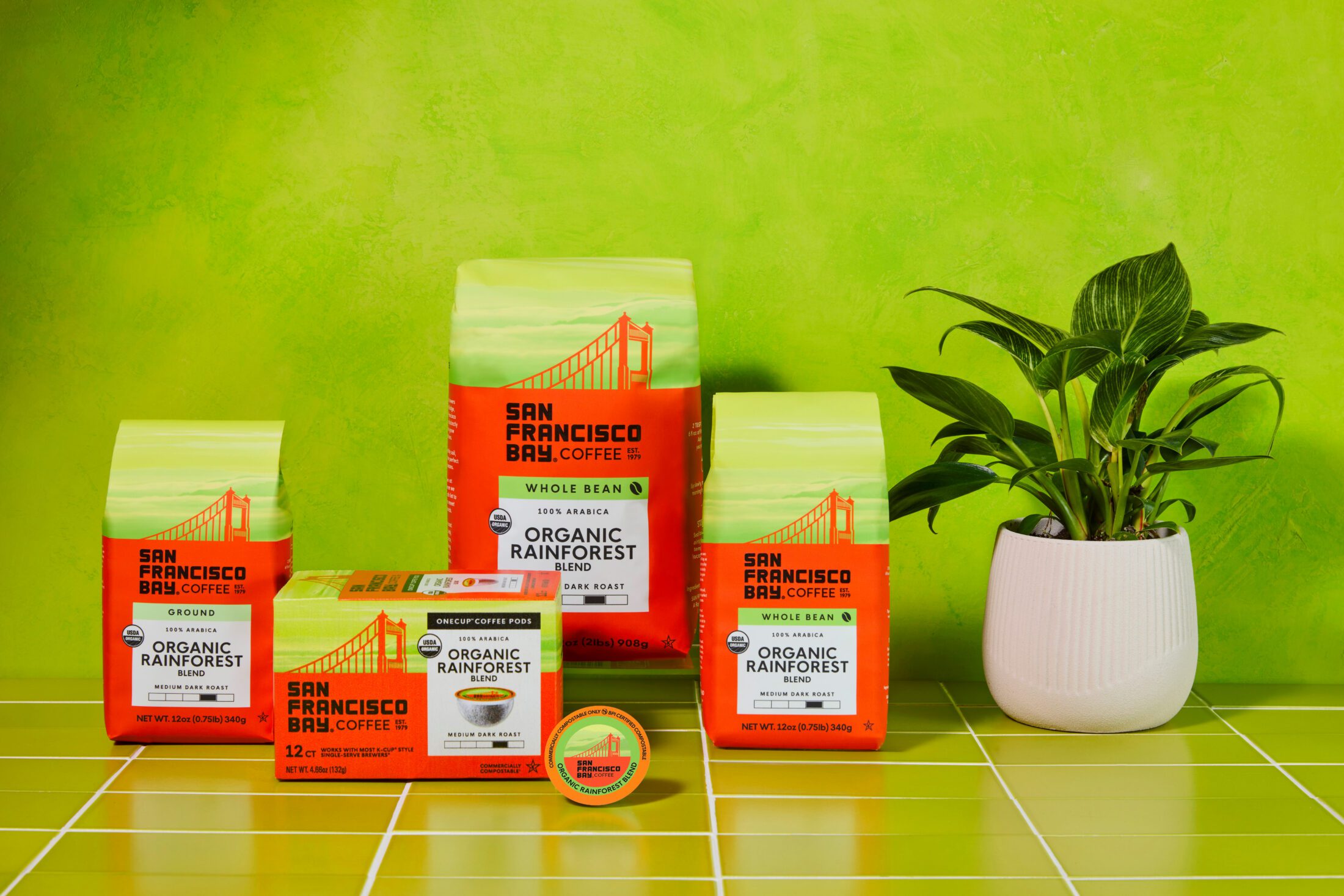 The San Francisco Bay Coffe Organic Rainforest Blend line includes Organic Rainforest Blend Ground 12oz Coffee Bag, Organic Rainforest Blend 12 Count OneCup Box, Organic Rainforest Blend Whole Bean 28oz Coffee Bag, Organic Rainforest Blend Whole Bean 12oz Coffee Bag