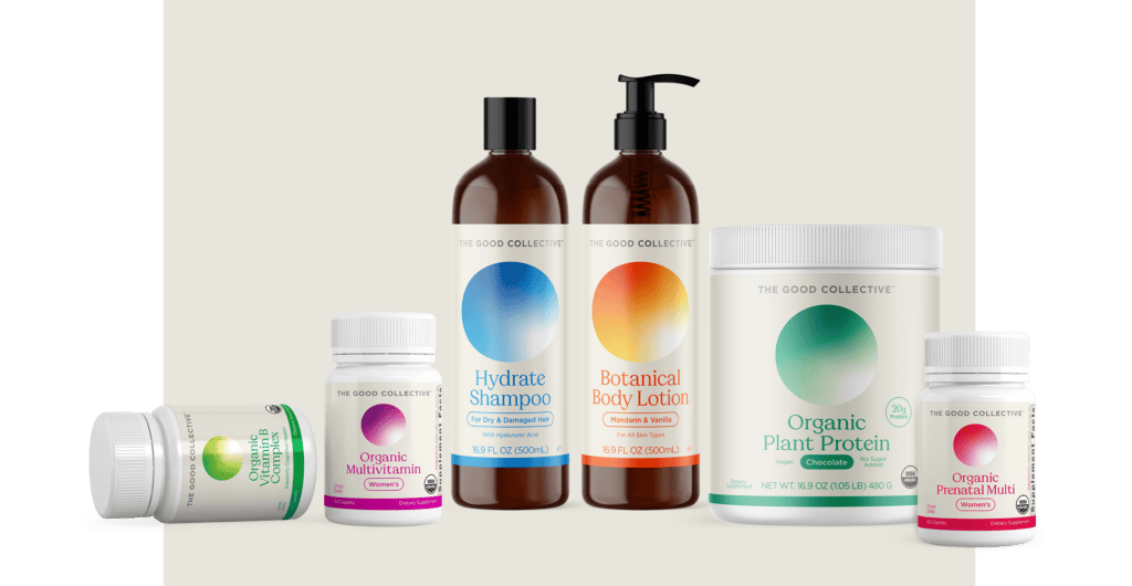 The Good Collective wellness product range from left to right over a cream background: Organic B Vitamin Complex, Organic Women's Multivitamin, Hydrate Shampoo for Dry & Damaged Hair, Botanical Body Lotion - Mandarin & Vanilla, Organic Chocolate Plant Protein Powder, and Organic Women's Prenatal Multivitamin.