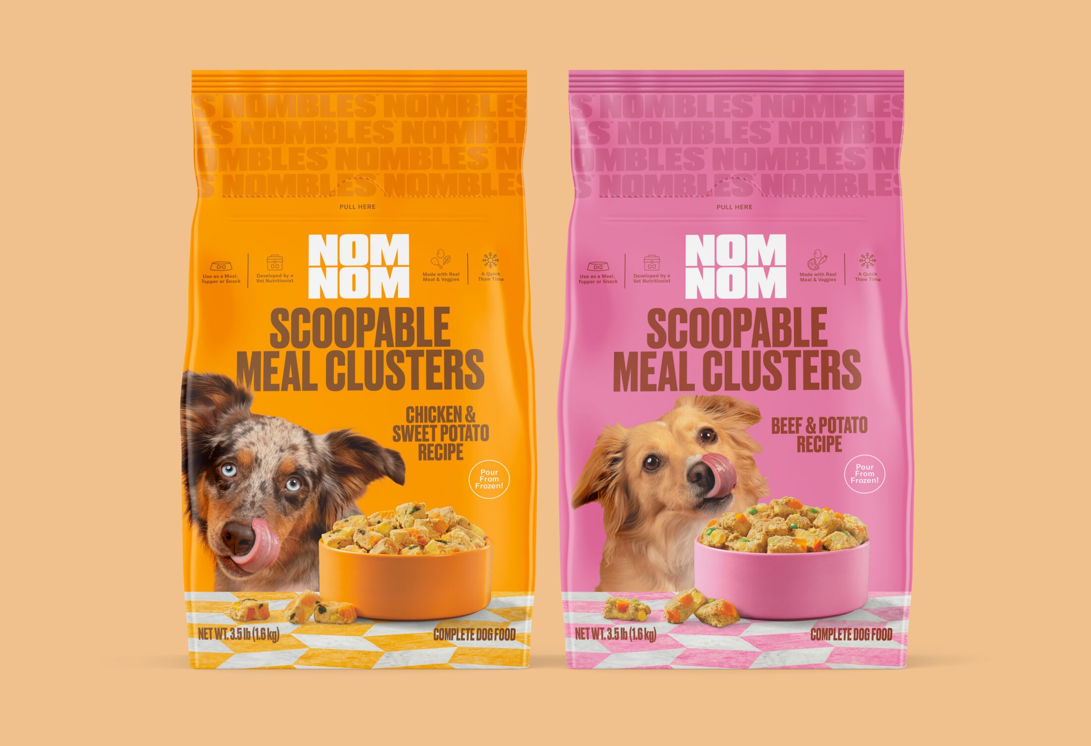 Nom Nom Scoopable Meal Clusters. On the left is the Chicken & Sweet Potato Recipe in Squash yellow and on the right is the Beef & Potato Recipe in Chew Toy Pink. Both featuring a bowl of these Nombles and dogs licking their lips