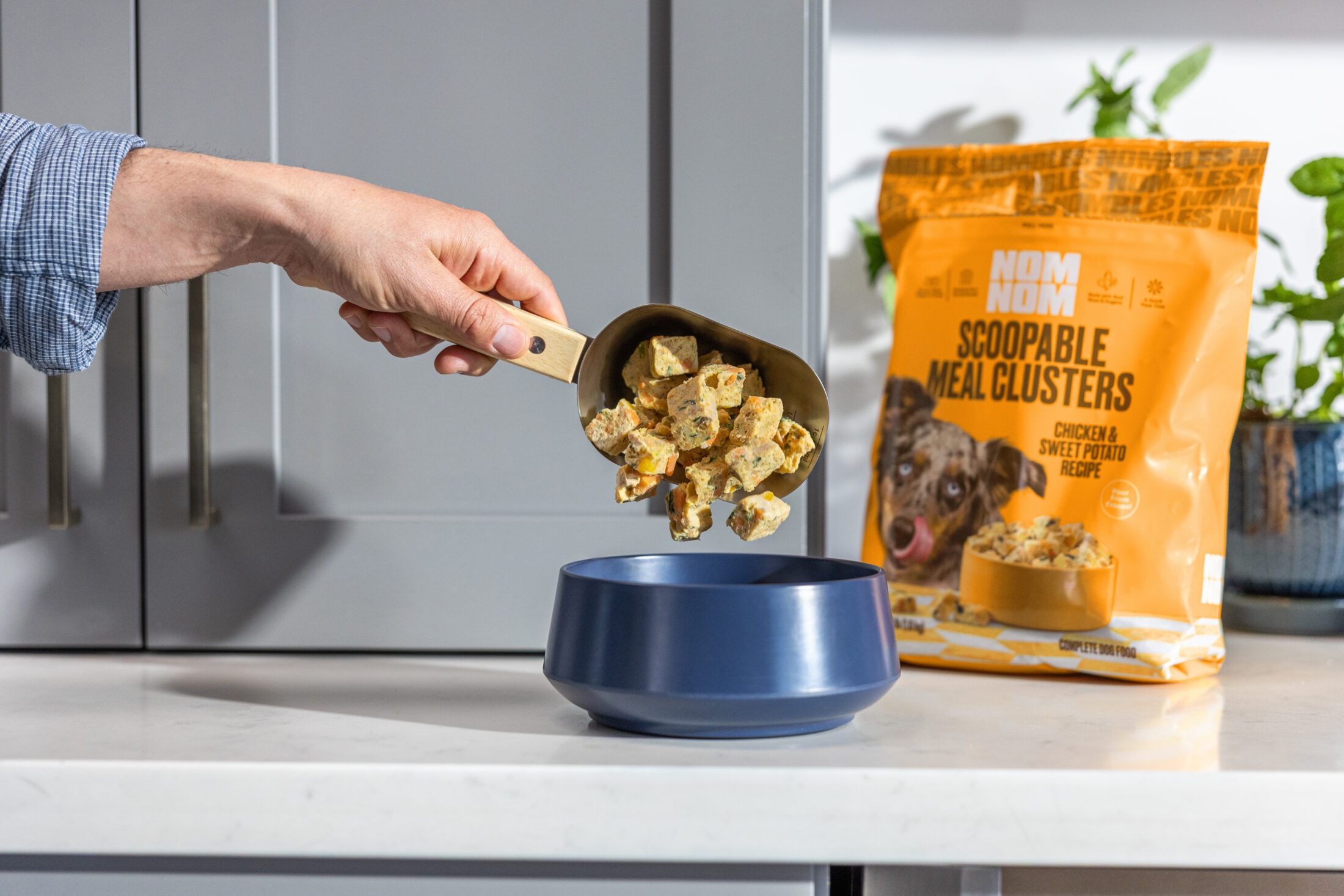 A person is pouring out the Nom Nom Scoopable Meal Clusters into a blue dog bowl. The Chicken & Sweet Potato Recipe bag in Squash Yellow is behind the dog bowl.