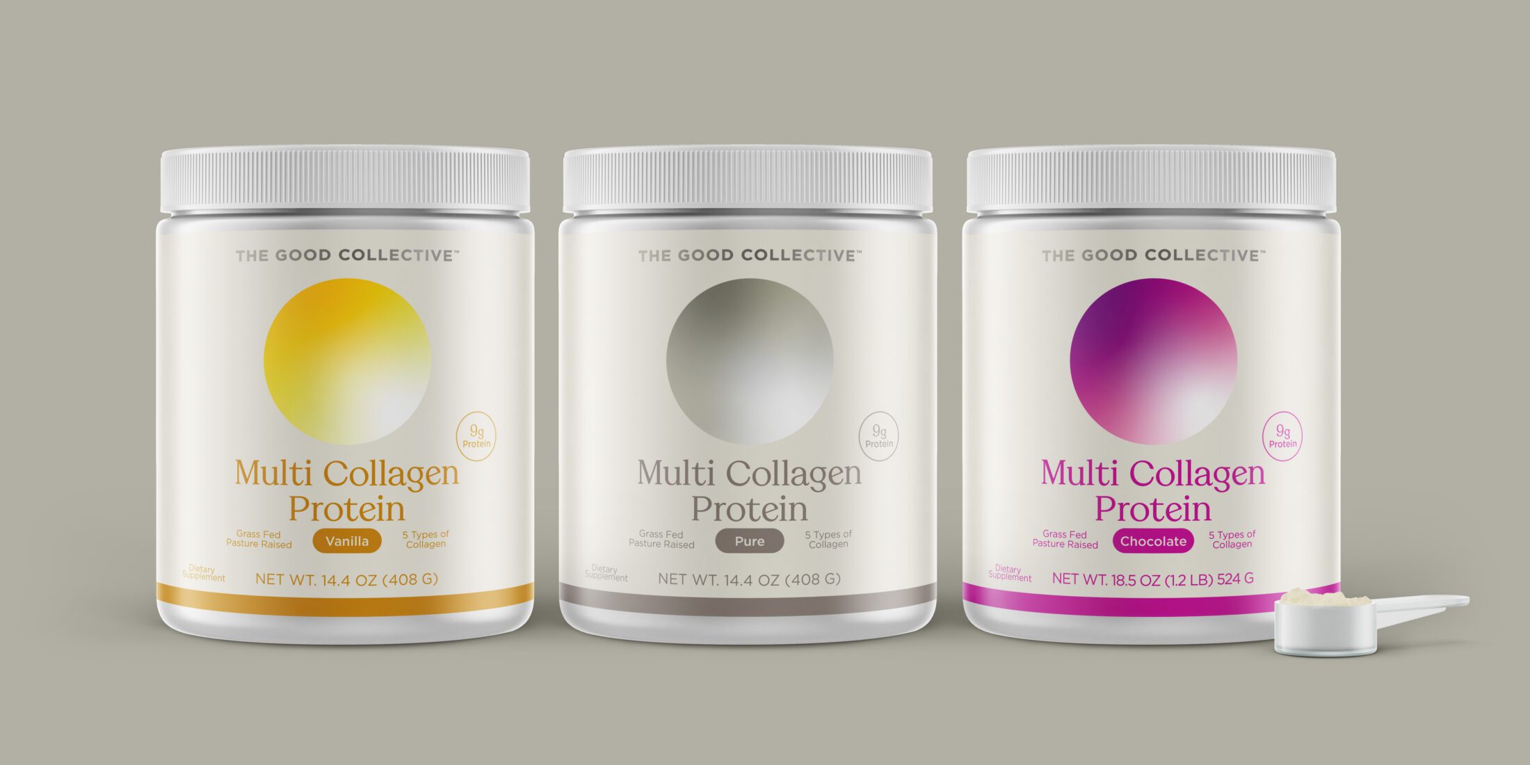 INFRA's The Good Collective Multi Collagen Protein Powder Collection. On the left is the Vanilla in Yellow then the Pure in Gray and last is the Chocolate in Magenta.