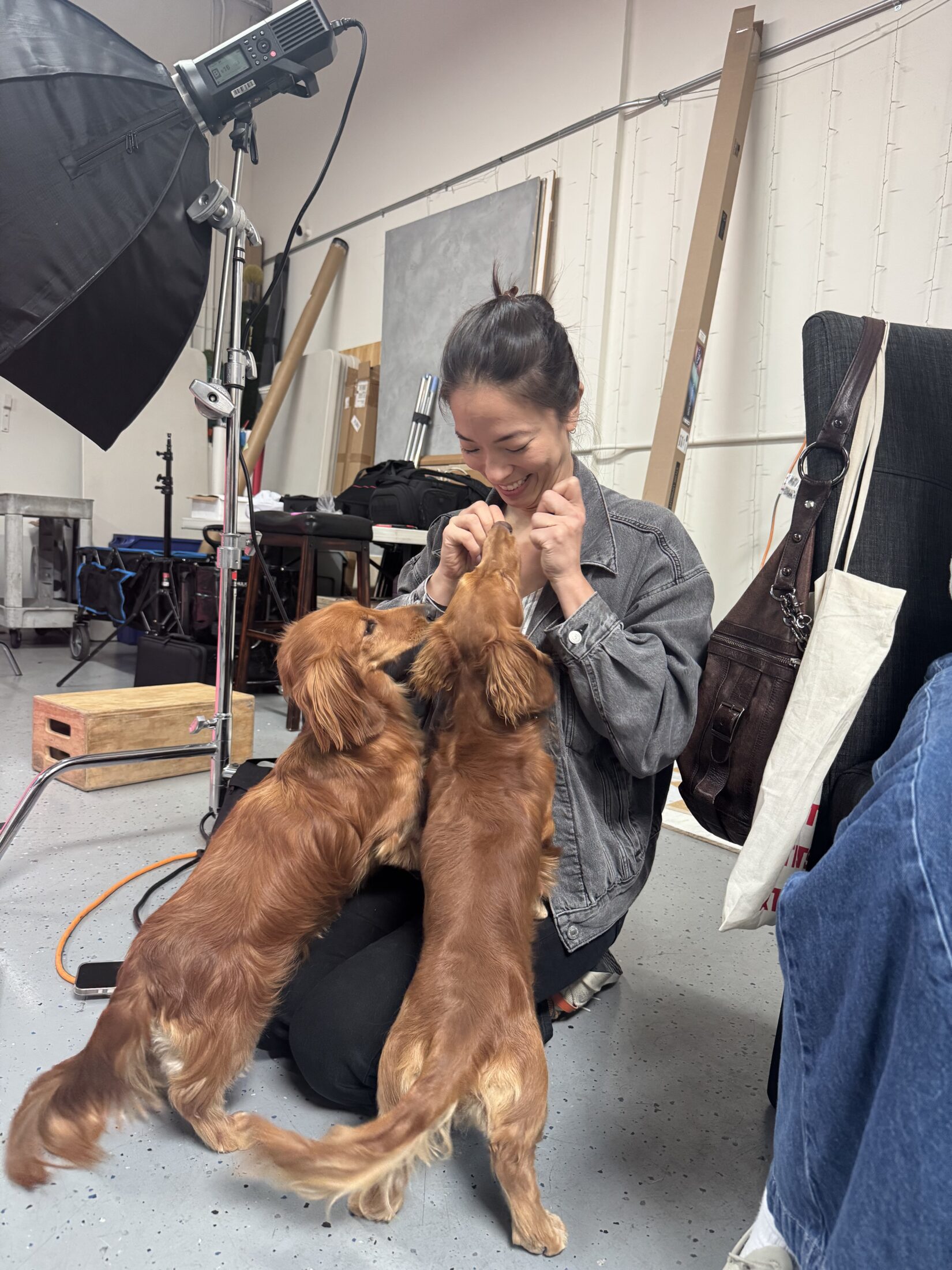 The Creative Pack's photoshoot for Nom Nom Scoopable Meal Clusters. Emily with Butter and Waffles the two brown dachshunds.