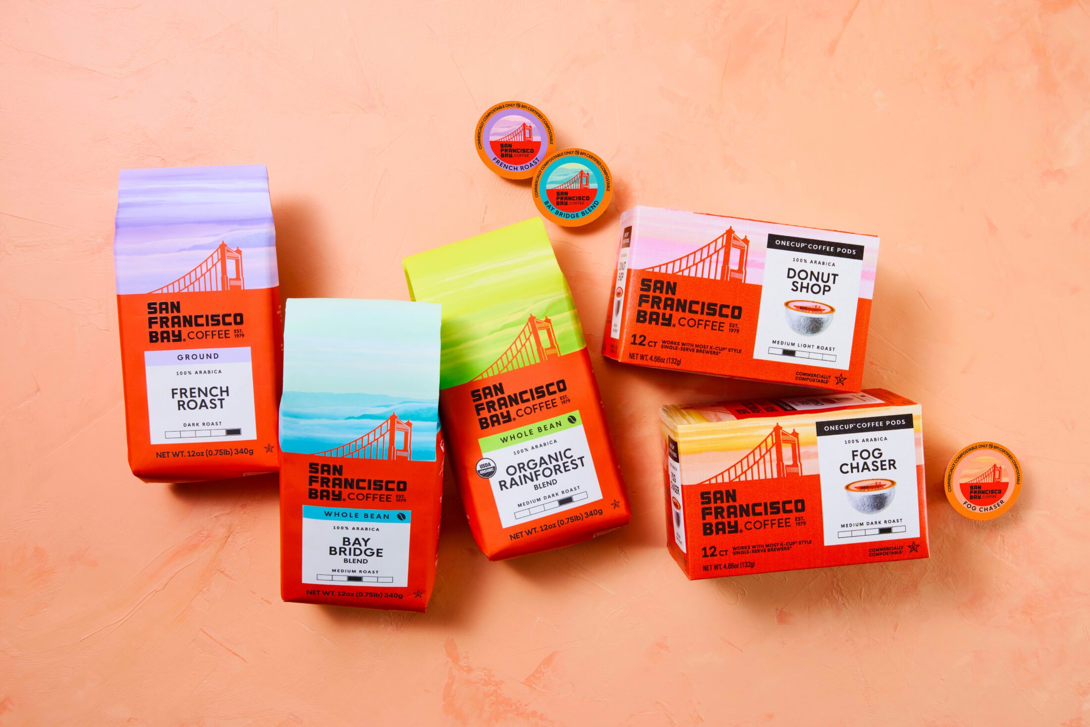 Overhead of Scattered San Francisco Bay Coffee Products on Peach Surface. Products include French Roast Ground 12oz Coffee Bag, Bay Bridge Blend Whole Bean 12oz Coffee Bag, Organic Rainforest Whole Bean 12oz Bag, French Roast Single OneCup Pod, Bay Bridge Blend Single OneCup Pod, Donut Shop 12 Count OneCup Box, Fog Chaser 12 Count OneCup Box, Fog Chaser Single OneCup Pod