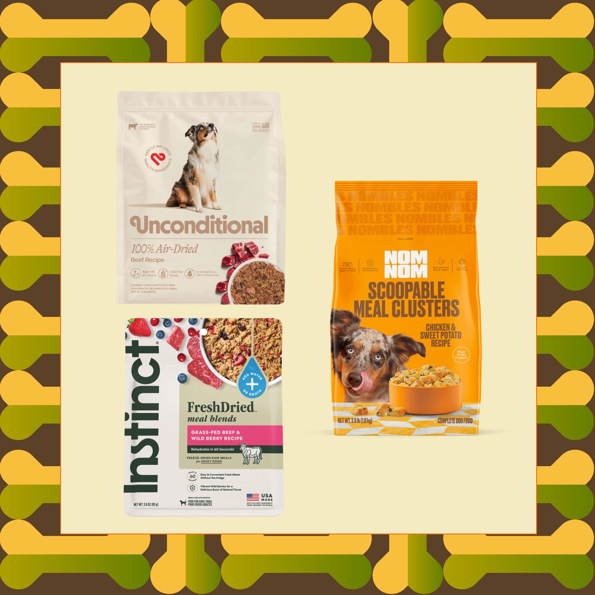 Unconditional 100% Air-Dried Beef Recipe, Instinct FreshDried Meal Blends Grass-Fed Beef & Wild Berry Recipe, Nom Nom Scoopable Meal Clusters Chicken & Sweet Potato Recipe
