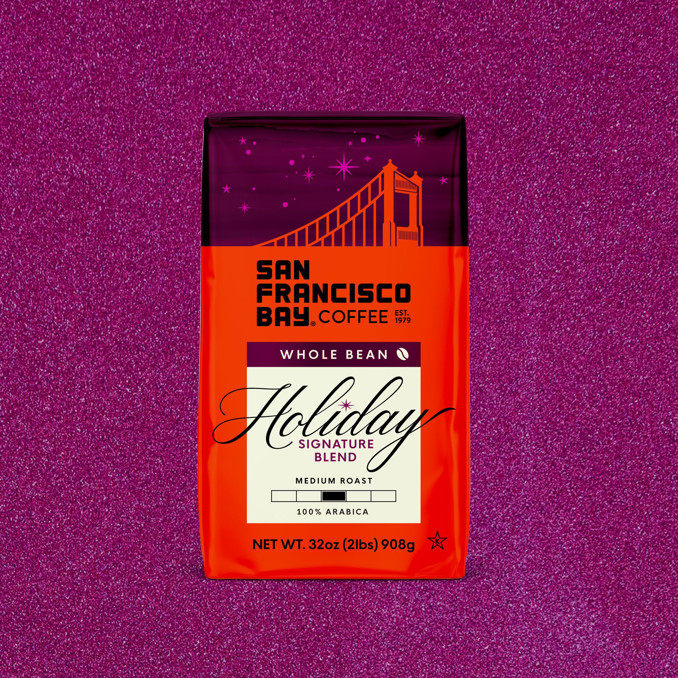 A bag of the San Francisco Bay Coffee 2LB Whole Bean Holiday Signature Blend with a sparkly magenta background behind it