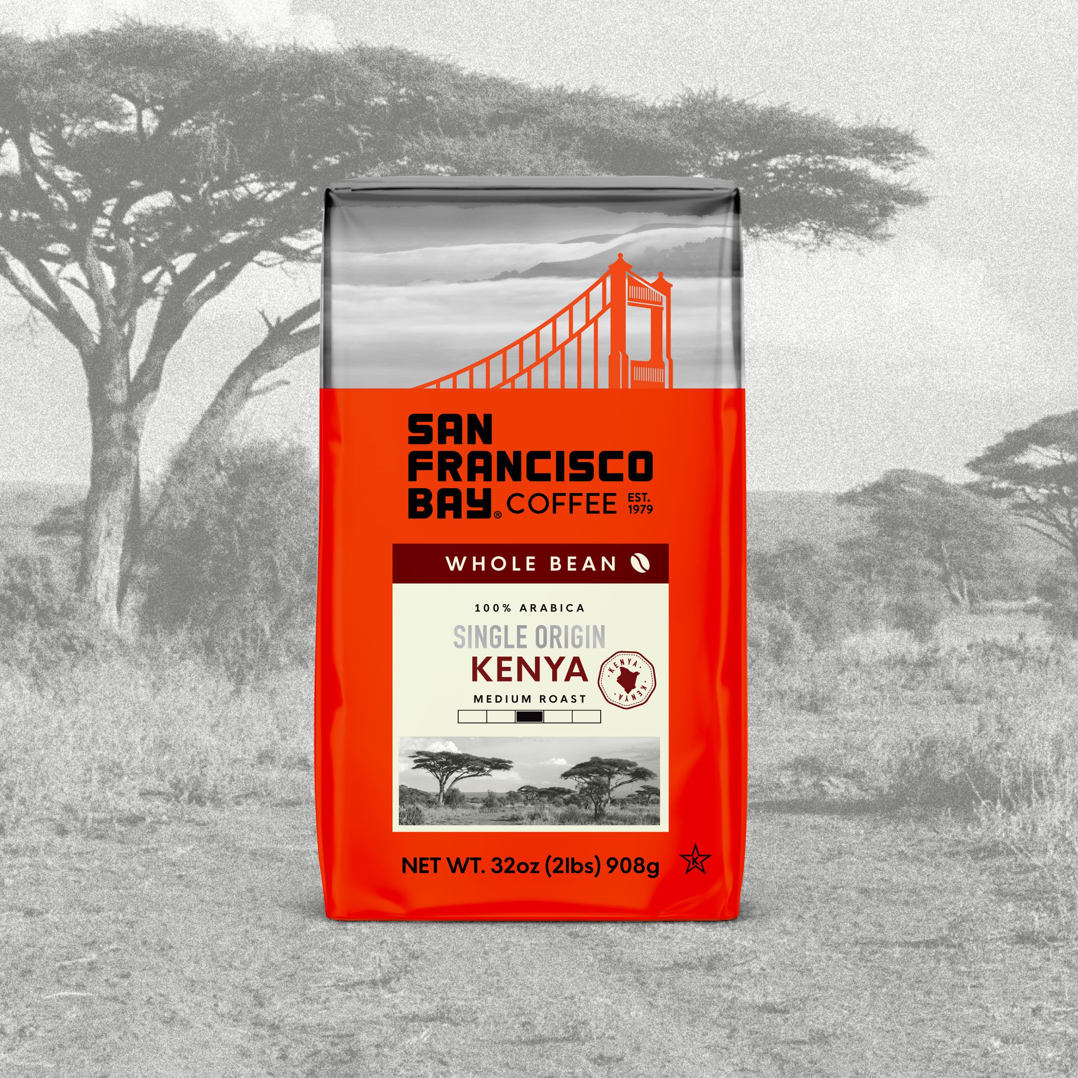 A bag of San Francisco Bay Coffee 2LB Whole Bean in the new Single Origin Kenya Blend with a grainy background of a Kenya Landscape behind it