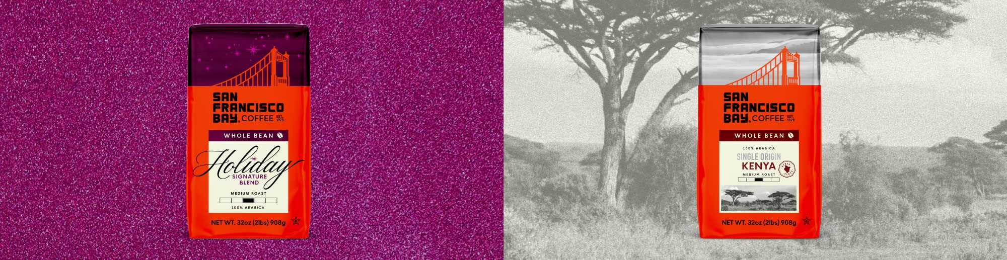 A side by side of the San Francisco Bay Coffee 2LB Whole Bean Holiday Signature Blend and the Single Origin Kenya