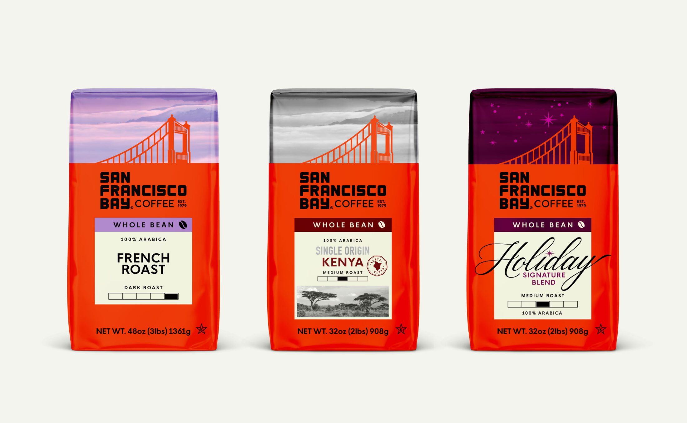 A line up of 3 of the San Francisco Bay Coffee Bags 2LB Whole Bean - French Roast, Single Origin Kenya and Holiday Signature Blend
